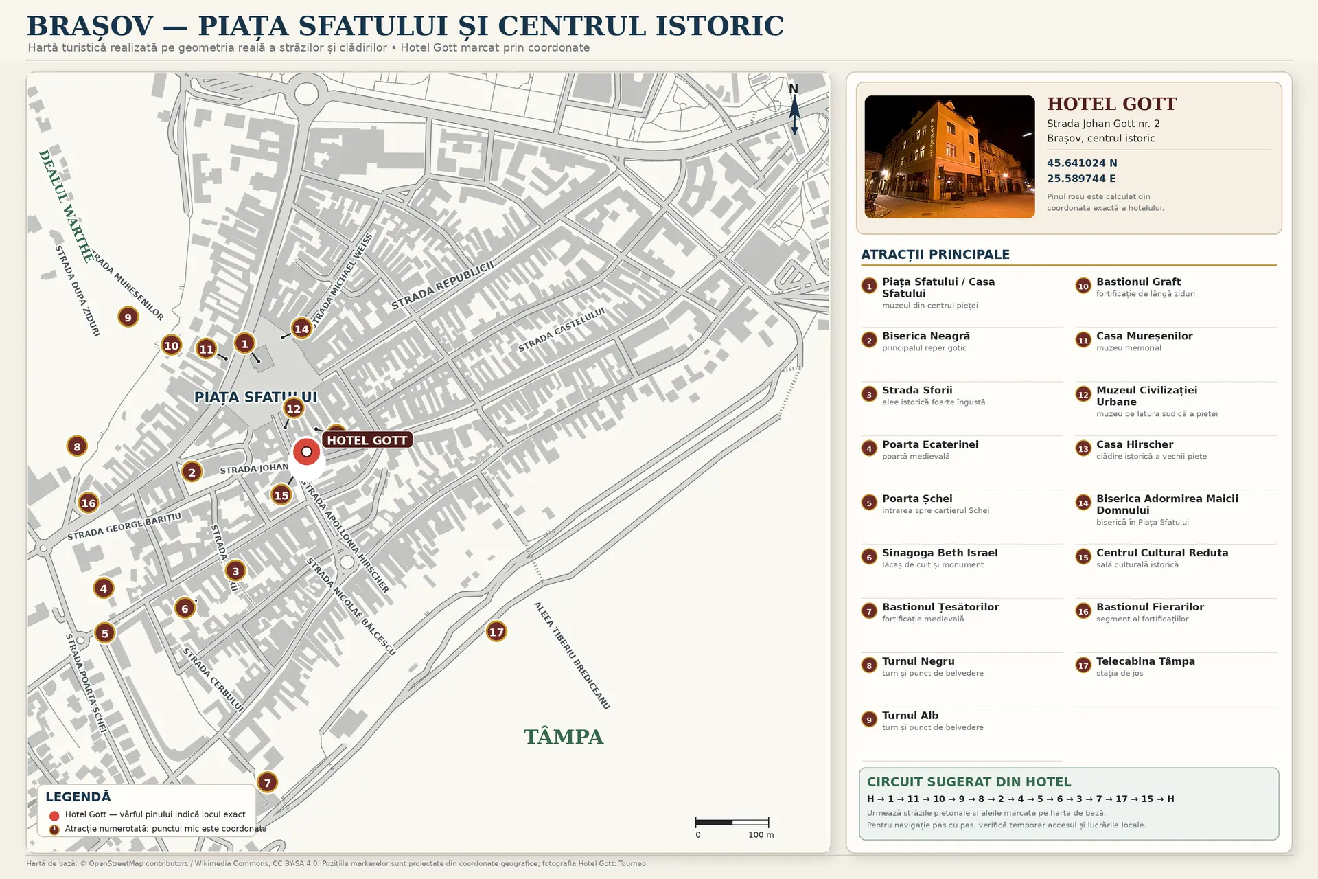 Hartă turistică a centrului Brașovului cu locația Hotel Gott